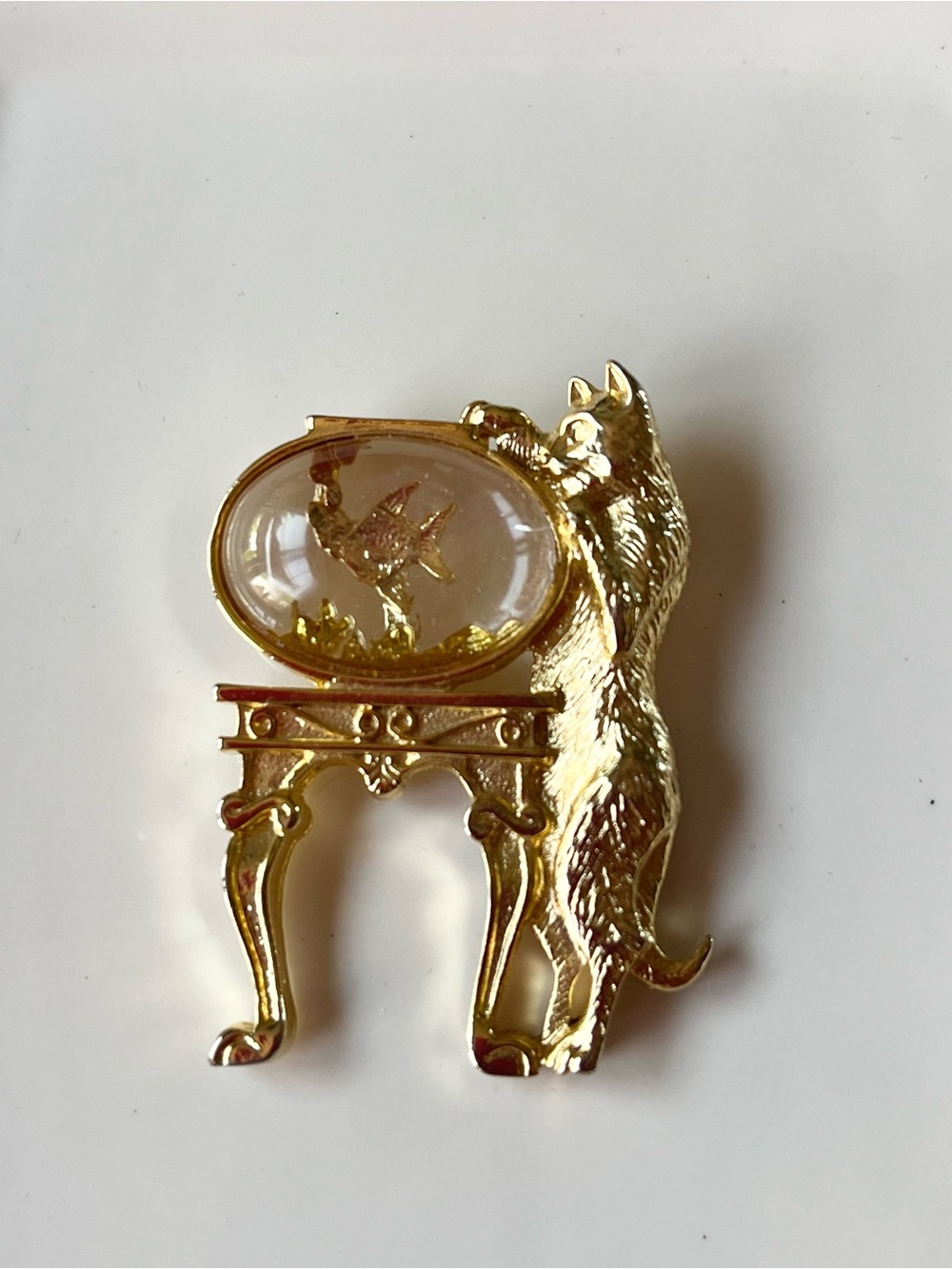 1928 Gold Tone Cat And Fish Bowl Brooch Pin 1990s